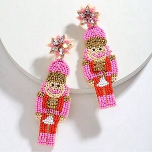 1 Pair Handmade Beaded & Rhinestone Nutcracker Soldier Dangle Earrings